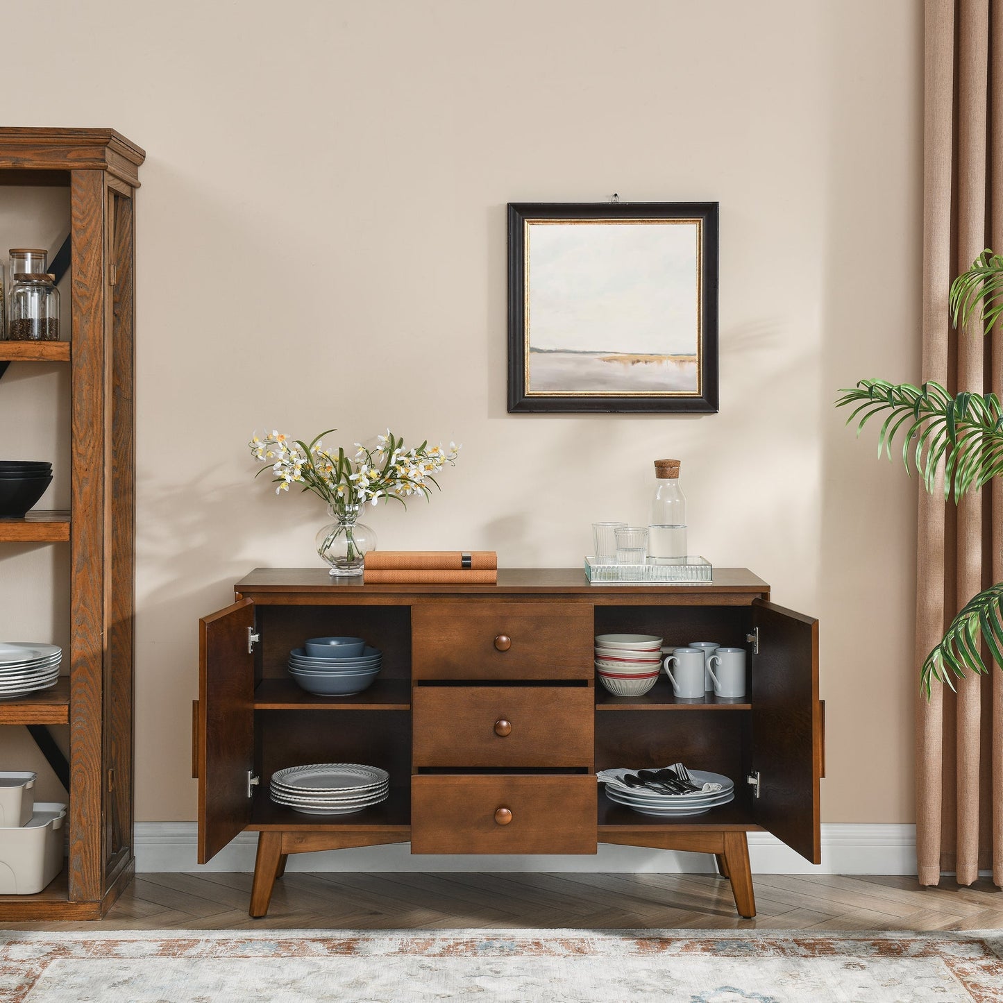 47.3' Mid Century Modern Sideboard Buffet Cabinet with Storage, Storage Cabinet with 2 Doors and 3 Drawers for Kitchen Dining Living Room, Accent Console Table, Walnut