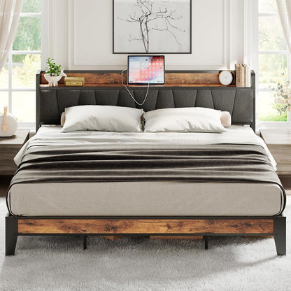 King Size Bed Frame With Storage Headboard USB Ports