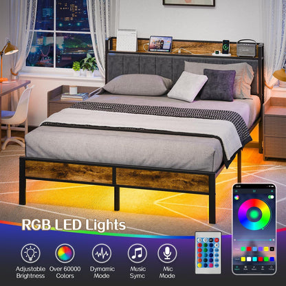 Queen Bed Frame With USB Charging LED Illumination