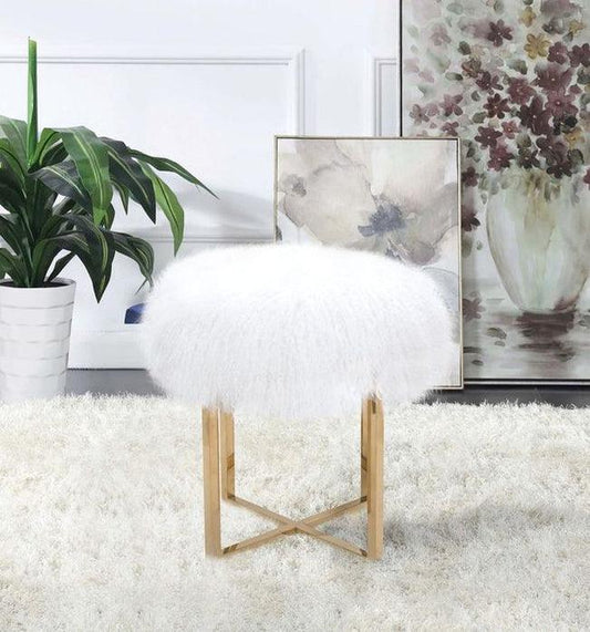 Canvello Home Sorrento Collection Mongolian Fur White & Gold Ottoman