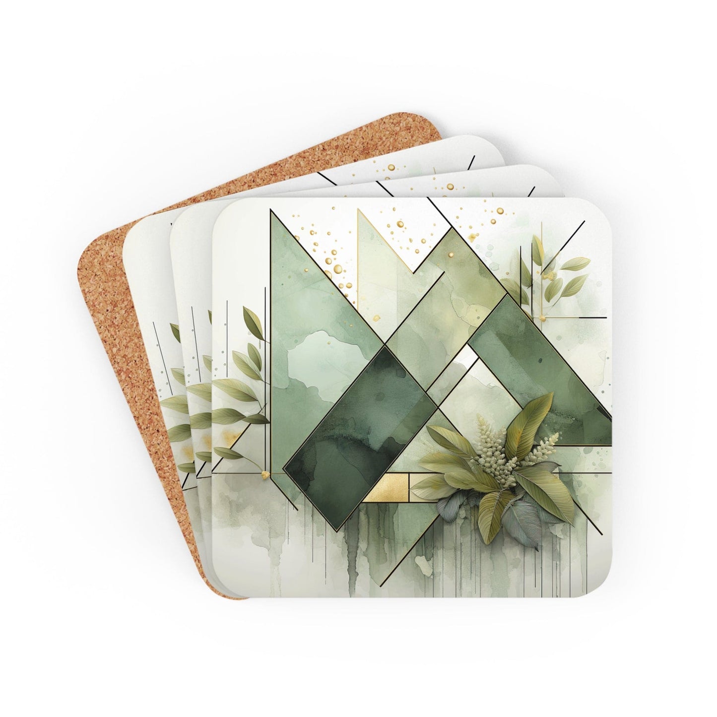 Coaster Set of 4 for Drinks Olive Green Mint Leaf Geometric Print