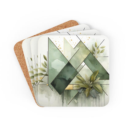 Coaster Set of 4 for Drinks Olive Green Mint Leaf Geometric Print