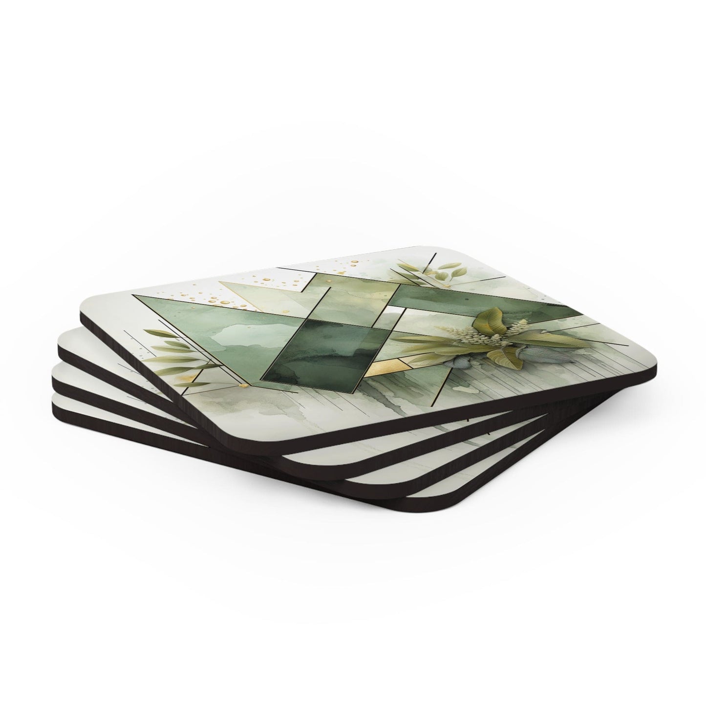 Coaster Set of 4 for Drinks Olive Green Mint Leaf Geometric Print