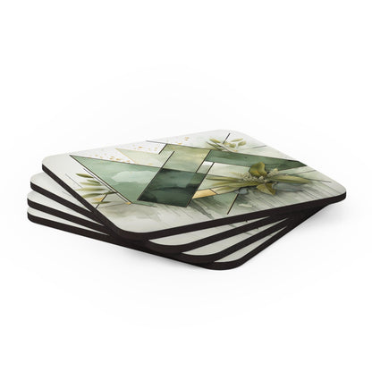 Coaster Set of 4 for Drinks Olive Green Mint Leaf Geometric Print