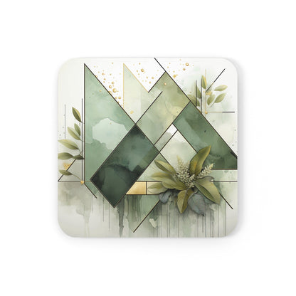 Coaster Set of 4 for Drinks Olive Green Mint Leaf Geometric Print