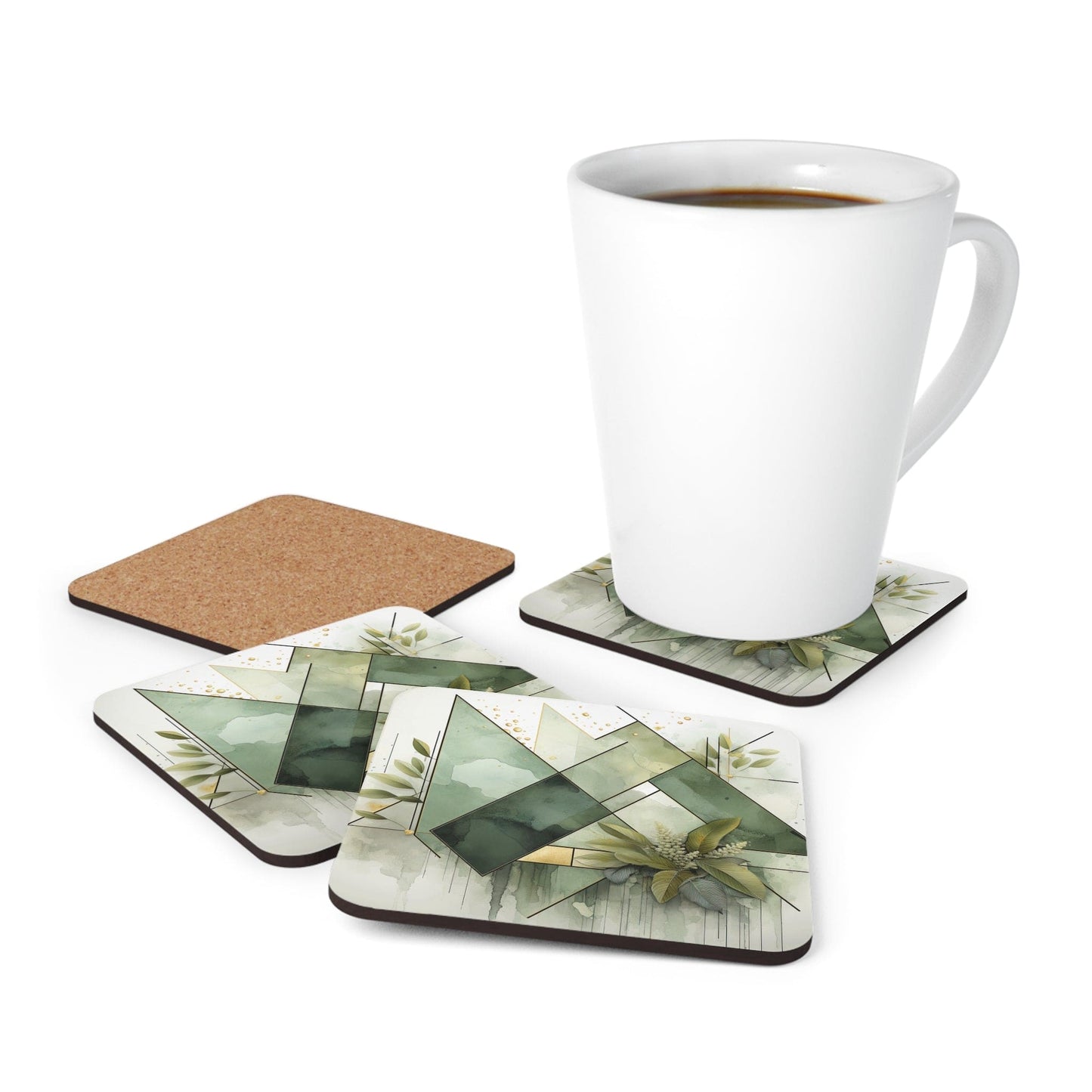 Coaster Set of 4 for Drinks Olive Green Mint Leaf Geometric Print