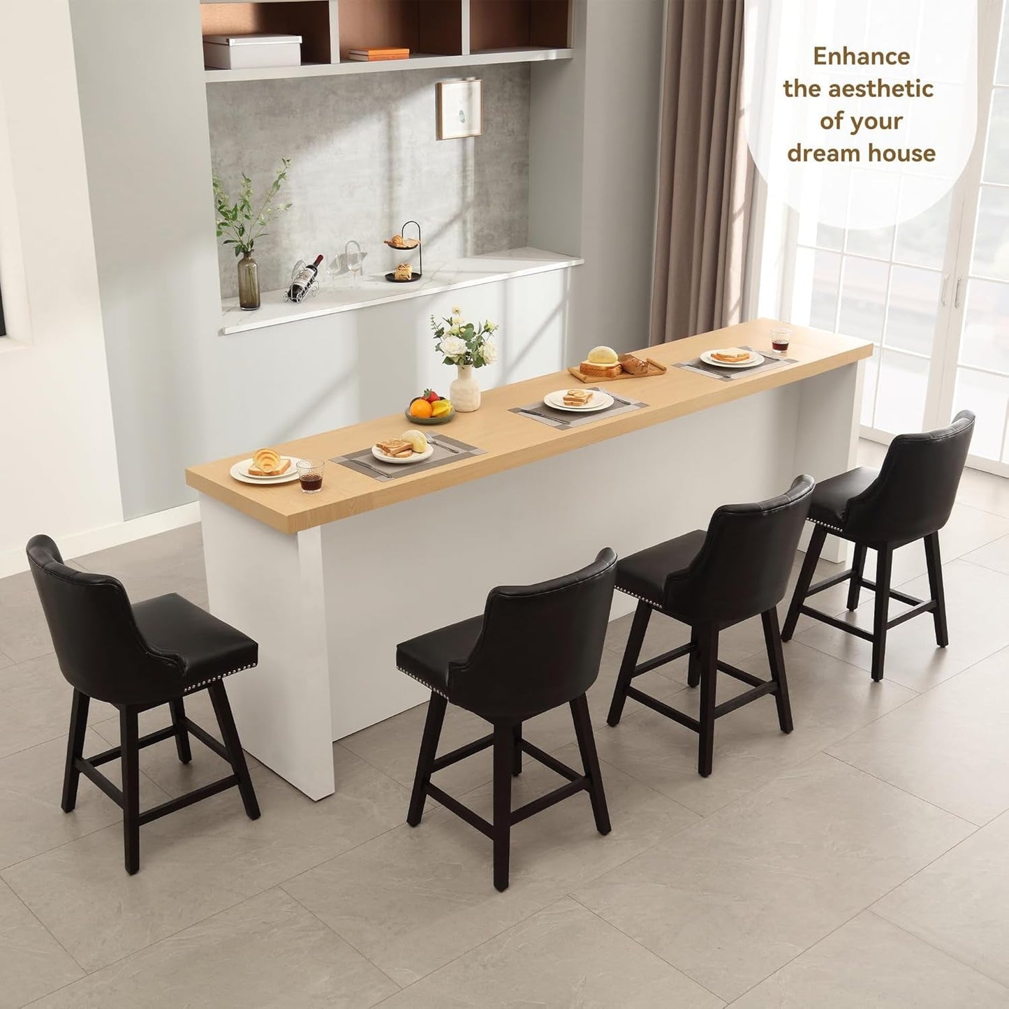 Counter Height Bar Stools Set of 4, 26" Swivel Bar Stools with Backs and Solid Wood Legs, Mid Century Morden Faux Leather Upholstered Barstools for Kitchen Island, Home Bar, Black