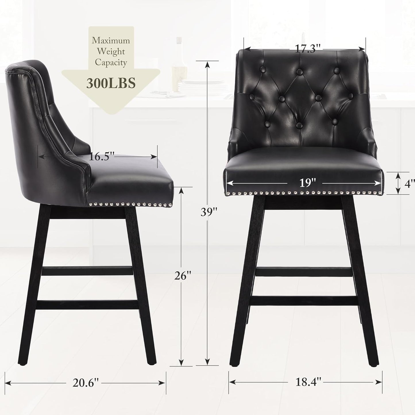 Counter Height Bar Stools Set of 4, 26" Swivel Bar Stools with Backs and Solid Wood Legs, Mid Century Morden Faux Leather Upholstered Barstools for Kitchen Island, Home Bar, Black