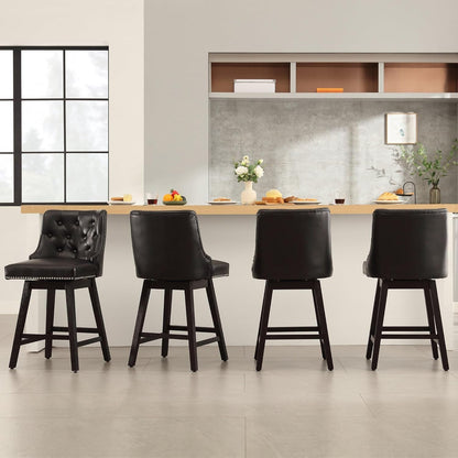 Counter Height Bar Stools Set of 4, 26" Swivel Bar Stools with Backs and Solid Wood Legs, Mid Century Morden Faux Leather Upholstered Barstools for Kitchen Island, Home Bar, Black
