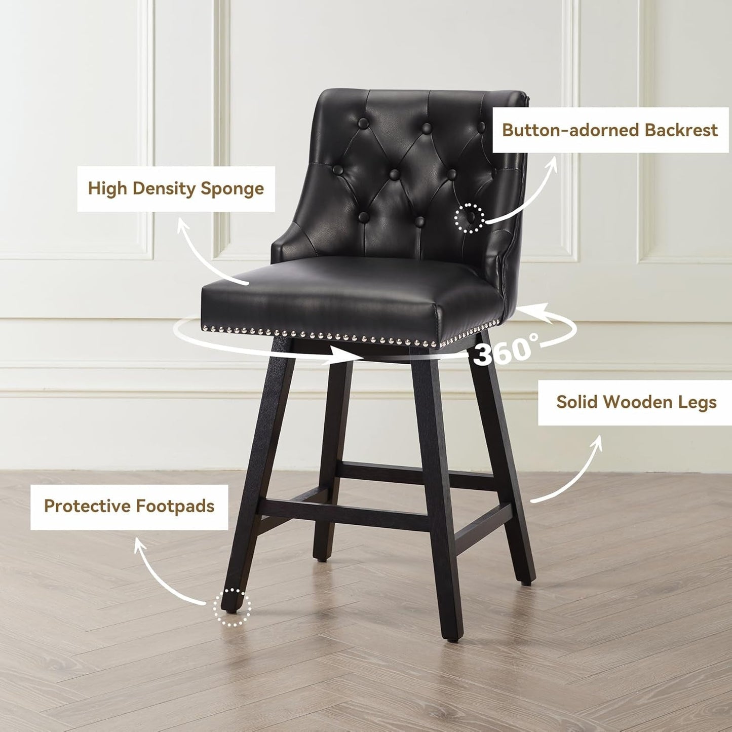 Counter Height Bar Stools Set of 4, 26" Swivel Bar Stools with Backs and Solid Wood Legs, Mid Century Morden Faux Leather Upholstered Barstools for Kitchen Island, Home Bar, Black
