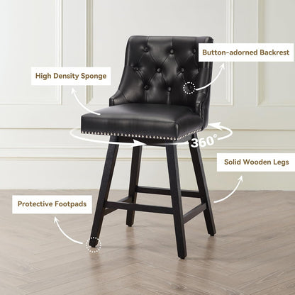 Counter Height Bar Stools Set of 4, 26" Swivel Bar Stools with Backs and Solid Wood Legs, Mid Century Morden Faux Leather Upholstered Barstools for Kitchen Island, Home Bar, Black