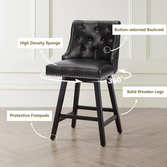 Counter Height Bar Stools Set of 4, 26" Swivel Bar Stools with Backs and Solid Wood Legs, Mid Century Morden Faux Leather Upholstered Barstools for Kitchen Island, Home Bar, Black