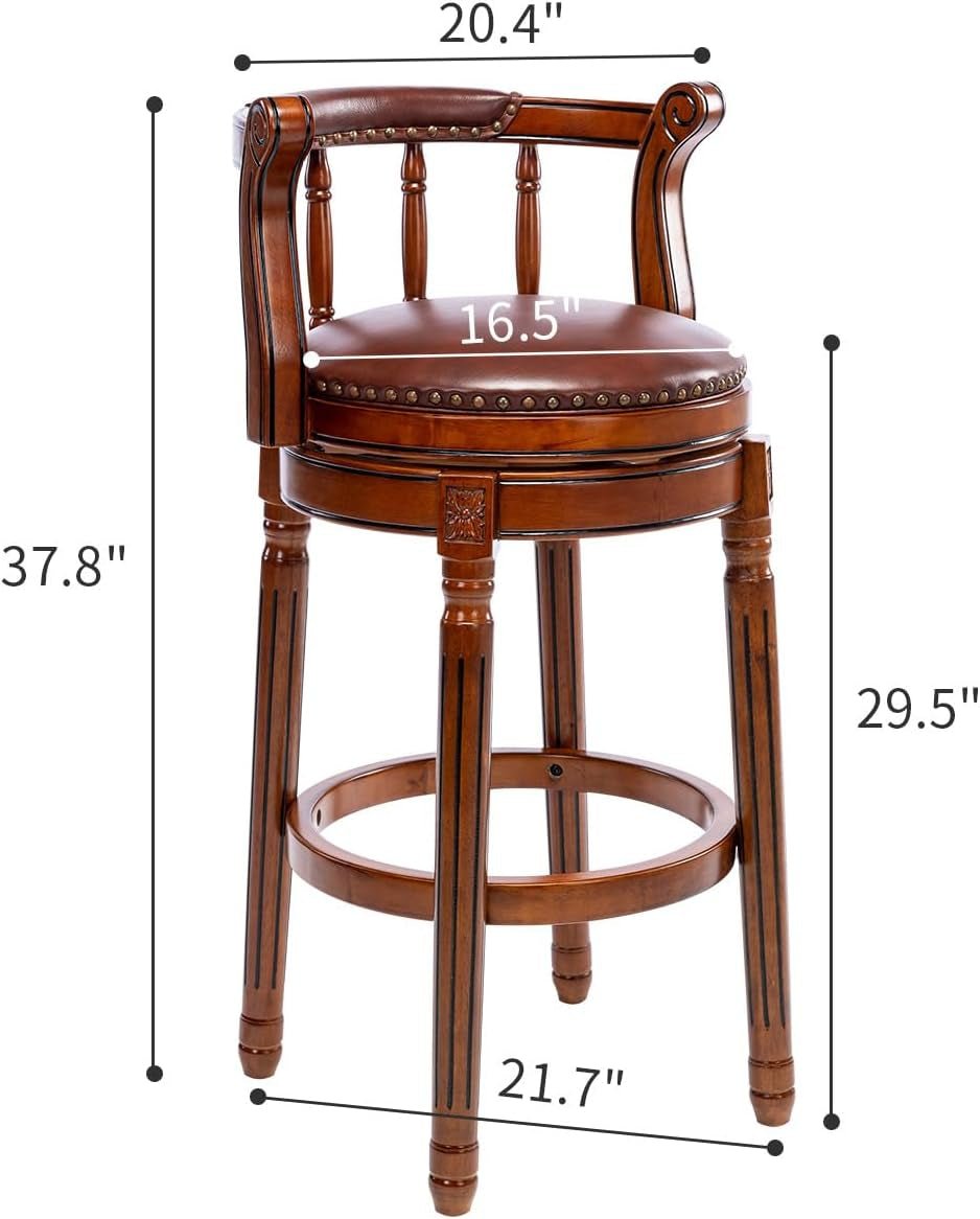 Cow Top Leather Wooden Bar Stools, 360 Degree Swivel Bar Height Chair with Backs for Home Kitchen Counter, Morden Chair Barstools (Brown 2Pcs, Bar Height-Seat Height 29.5”)