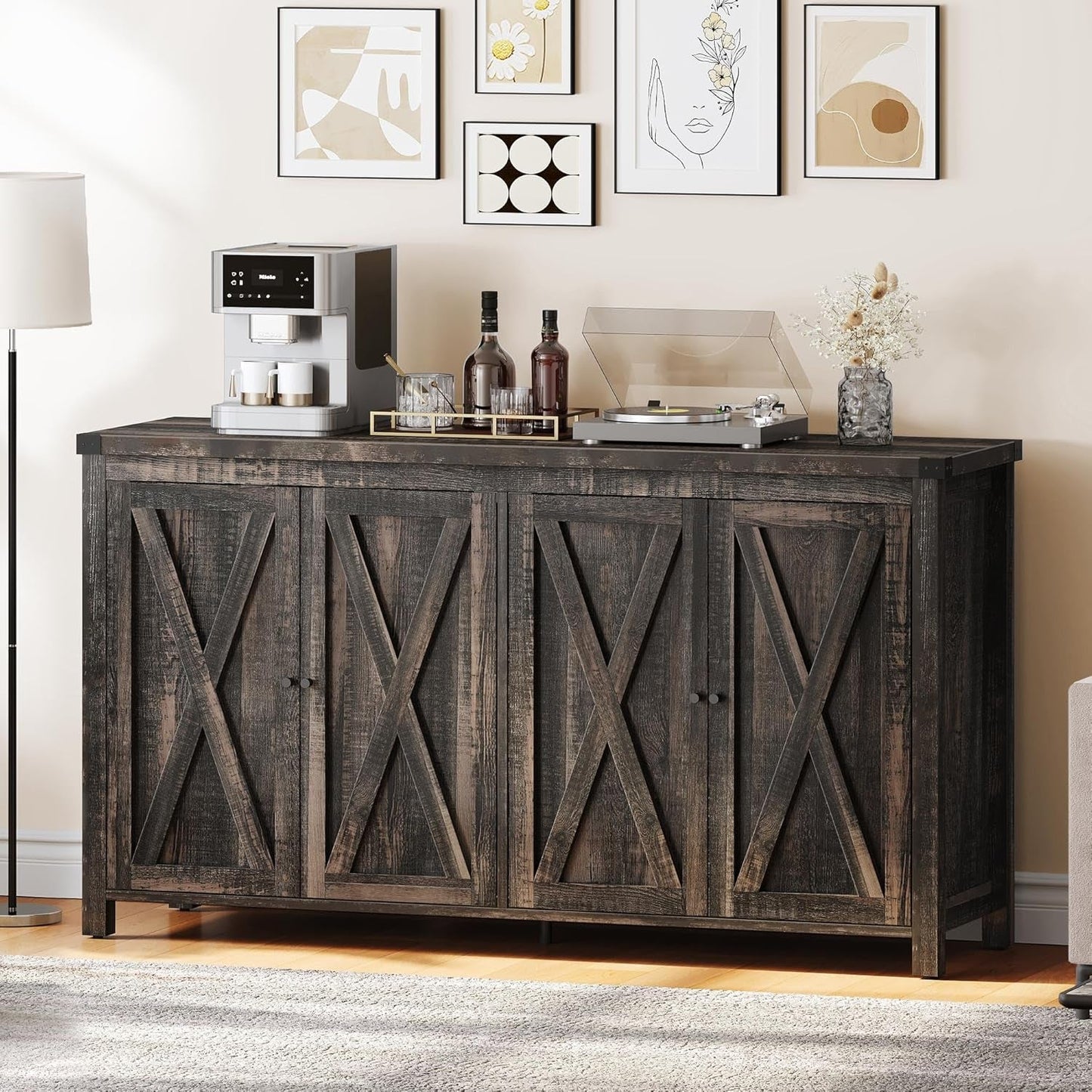 Farmhouse Sideboard Buffet Cabinet with Storage with 4 Doors, 55'' Large Kitchen Storage Cabinet, Wood Coffee Bar Cabinet with Adjustable Shelf for Kitchen, Living Room, Dark Oak
