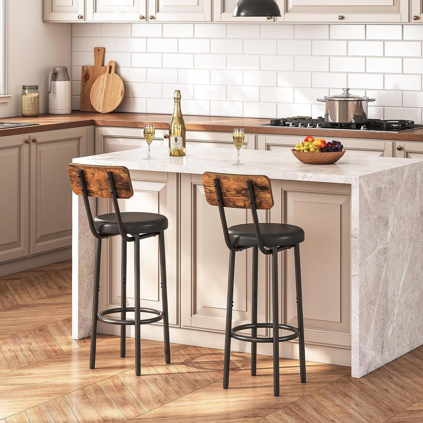 Bar Stools, Bar Stools Set of 2 with PU Upholstered, Bar Chairs with Footrest and Back, 26" Bar Stools for Kitchen Island, Dining Room, Easy to Assemble, Rustic Brown and Black BF31BY01G1
