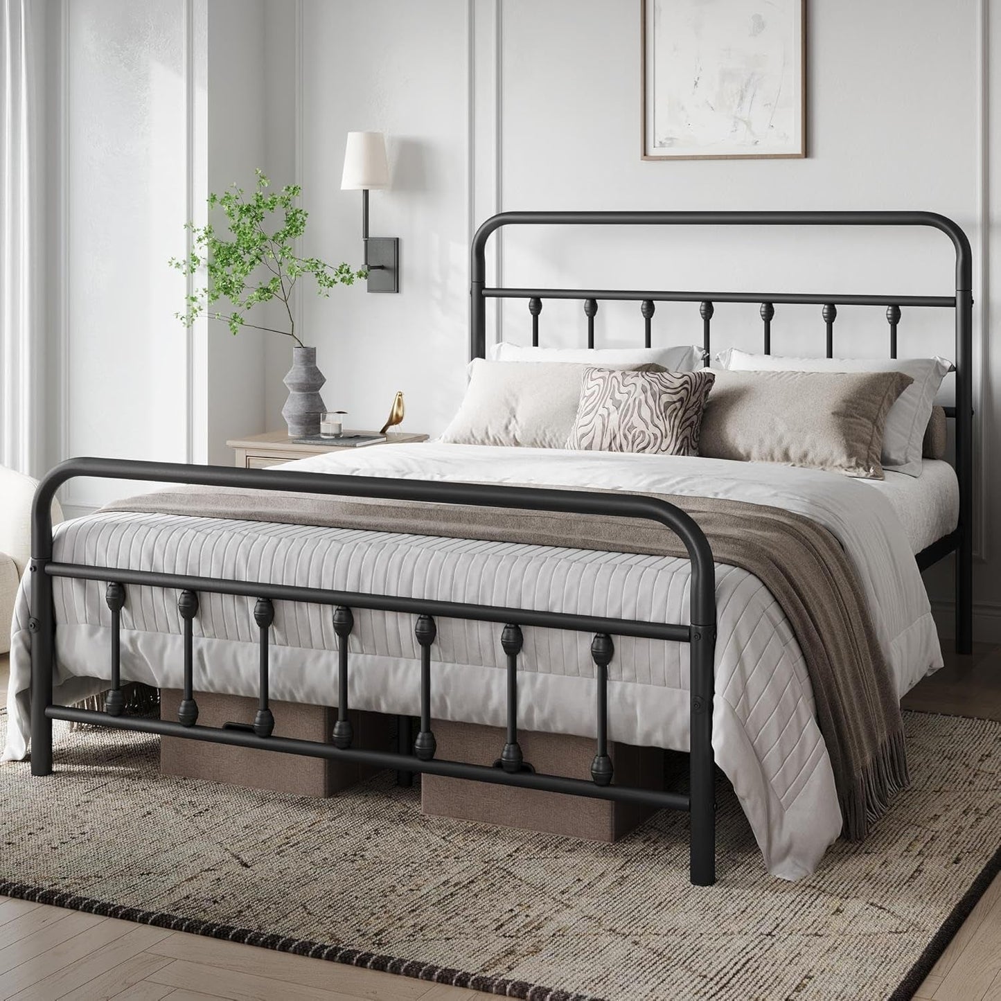 Queen Size Classic Metal Platform Bed With Durable Storage