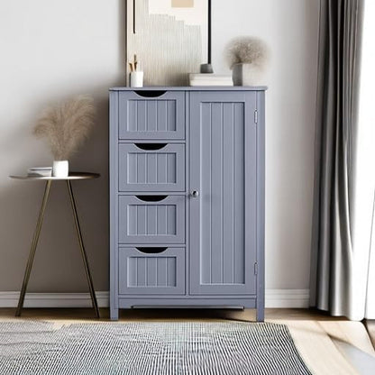Bathroom Floor Cabinet, Freestanding Storage Organizer Unit Kitchen Cupboard W/ 4 Drawers & Adjustable Shelves, Using for Kitchen/Bathroom, Gray