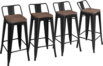 30" Metal Barstools Set of 4 Bar Height Bar Stools with Wooden Top Low Back Industrial Bar Stools Metal Stool for Indoor-Outdoor Counter Stools with Wooden Seat Matte Black