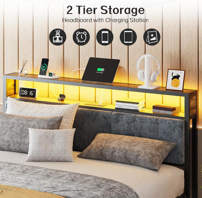 Queen Size RGB LED Headboard With Storage And Charging
