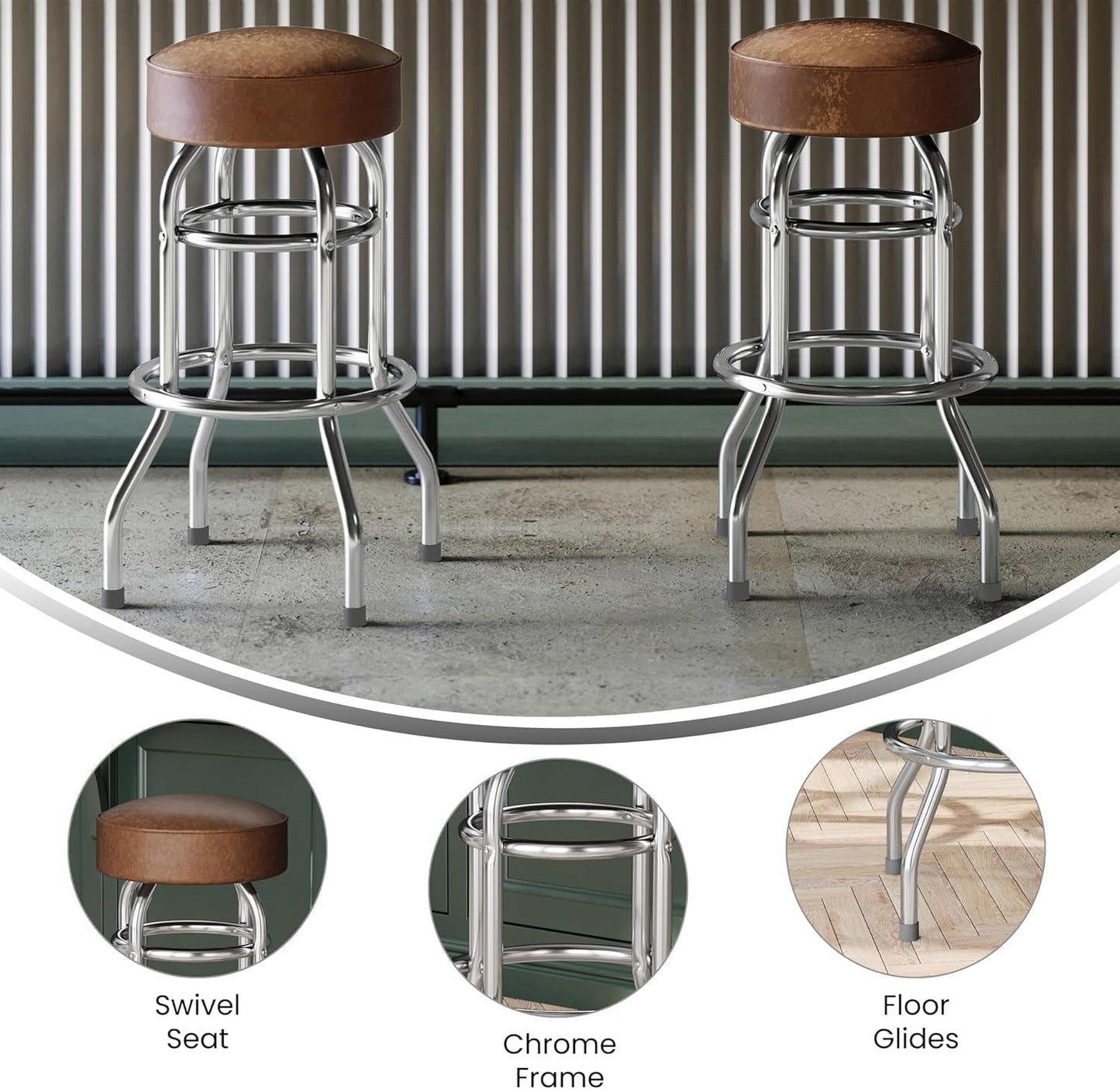 Bruno 2 Pack Double Ring Chrome Barstool with Weathered Brown Seat