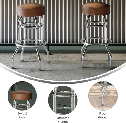 Bruno 2 Pack Double Ring Chrome Barstool with Weathered Brown Seat