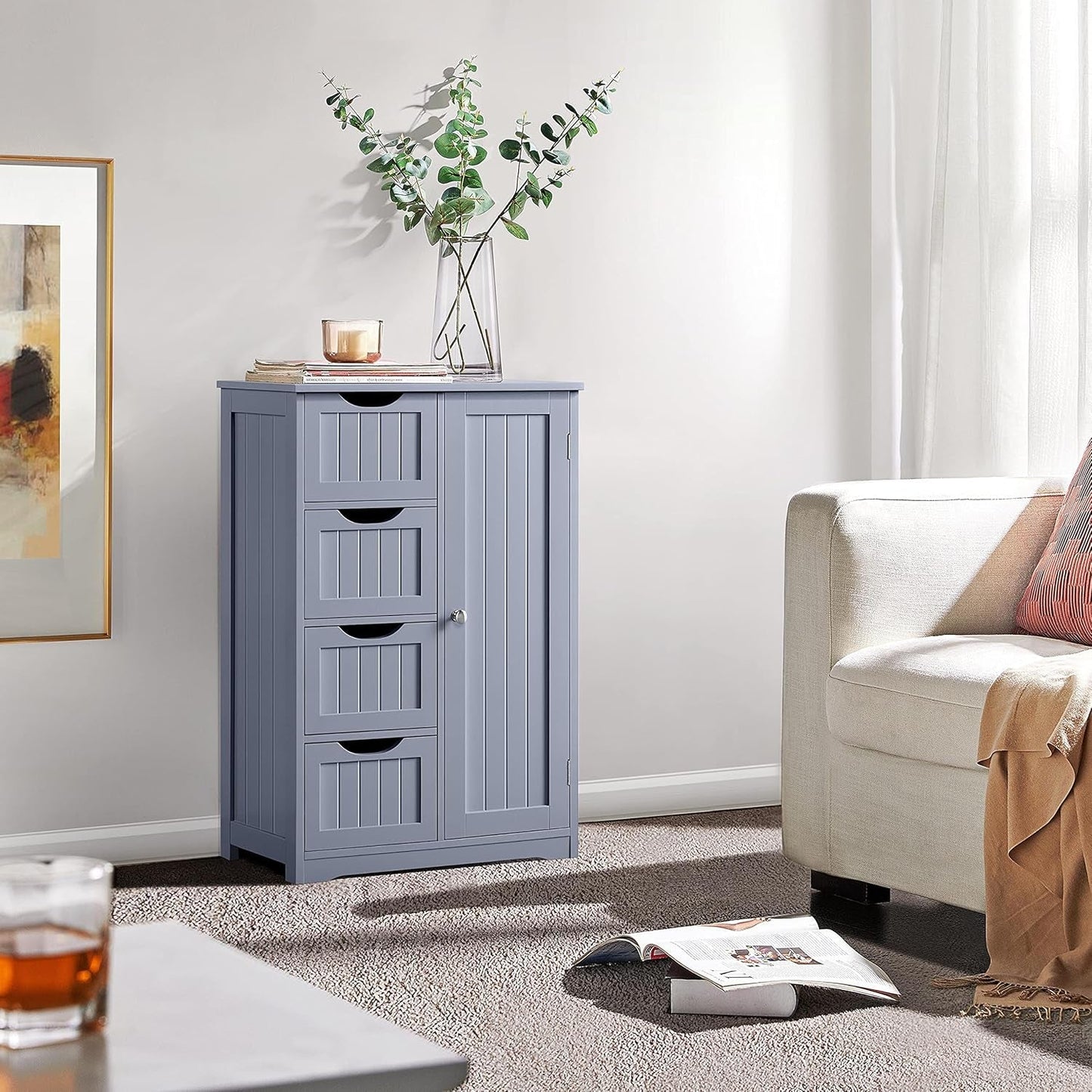 Bathroom Floor Cabinet, Freestanding Storage Organizer Unit Kitchen Cupboard W/ 4 Drawers & Adjustable Shelves, Using for Kitchen/Bathroom, Gray
