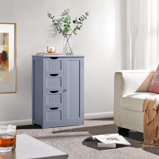 Bathroom Floor Cabinet, Freestanding Storage Organizer Unit Kitchen Cupboard W/ 4 Drawers & Adjustable Shelves, Using for Kitchen/Bathroom, Gray