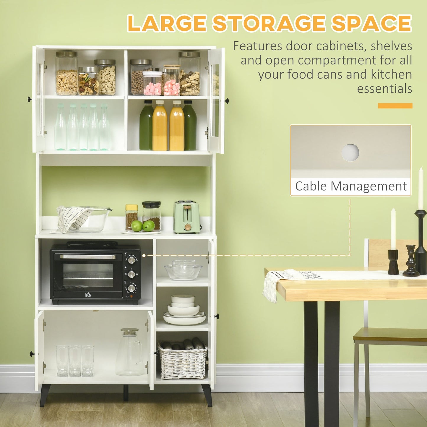 Freestanding Kitchen Cupboard, Modern Kitchen Storage Cabinet with Doors and Adjustable Shelves, 180cm, White