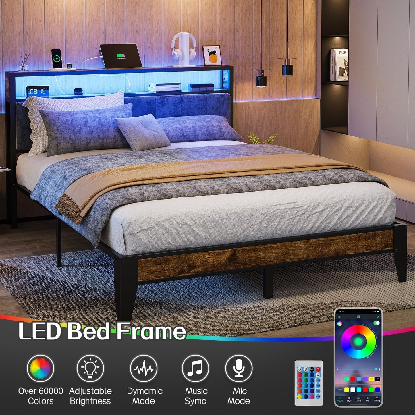 Queen Size RGB LED Headboard With Storage And Charging