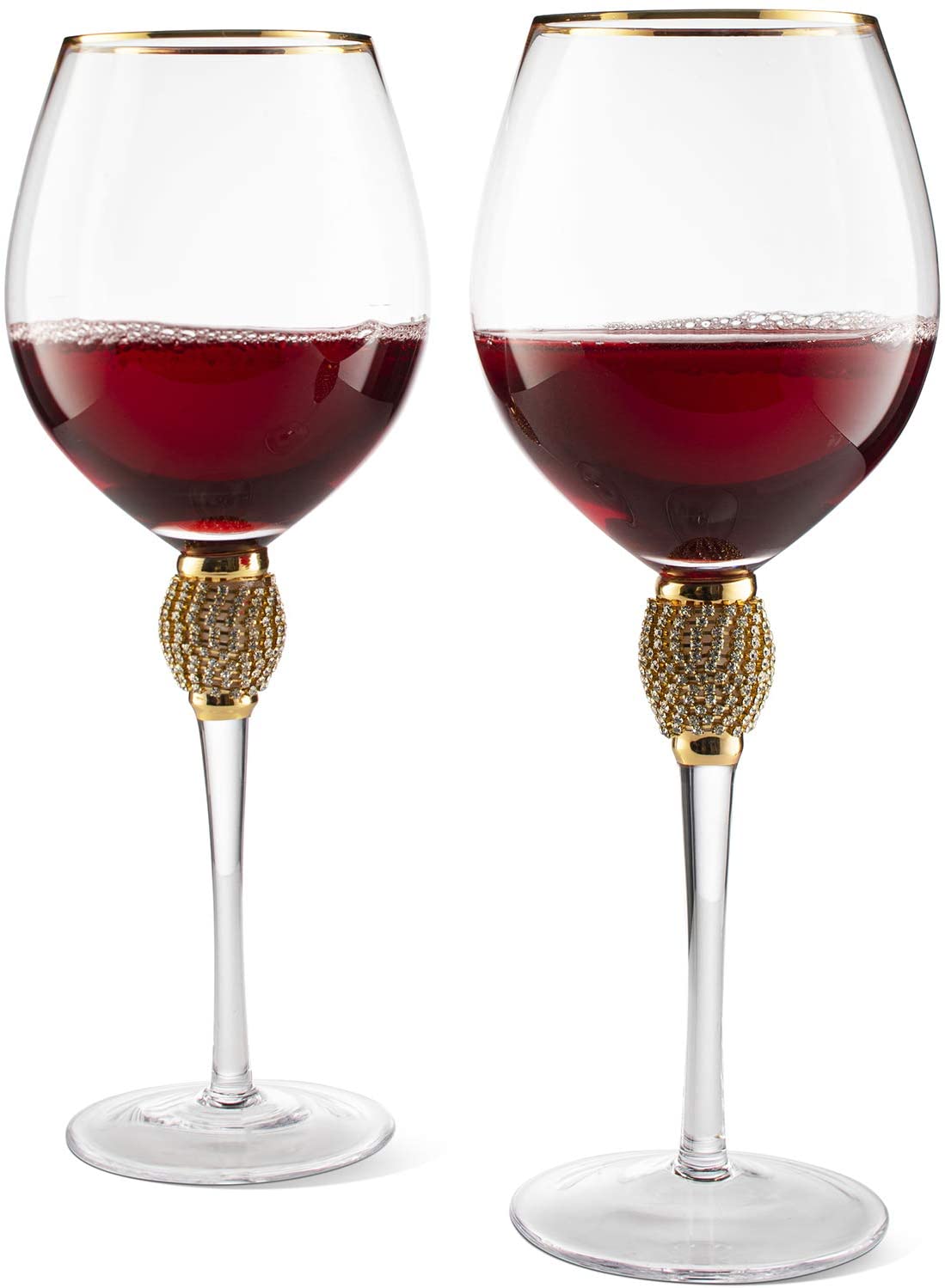 The Wine Savant Large Diamond Wine Glasses, Gold Rim Rhinestone Diamond Glasses - Wedding Glasses - 15 Ounce, Premium Designed Wine Glasses for Spirits and Wine, Gift Boxed (2, Clear)