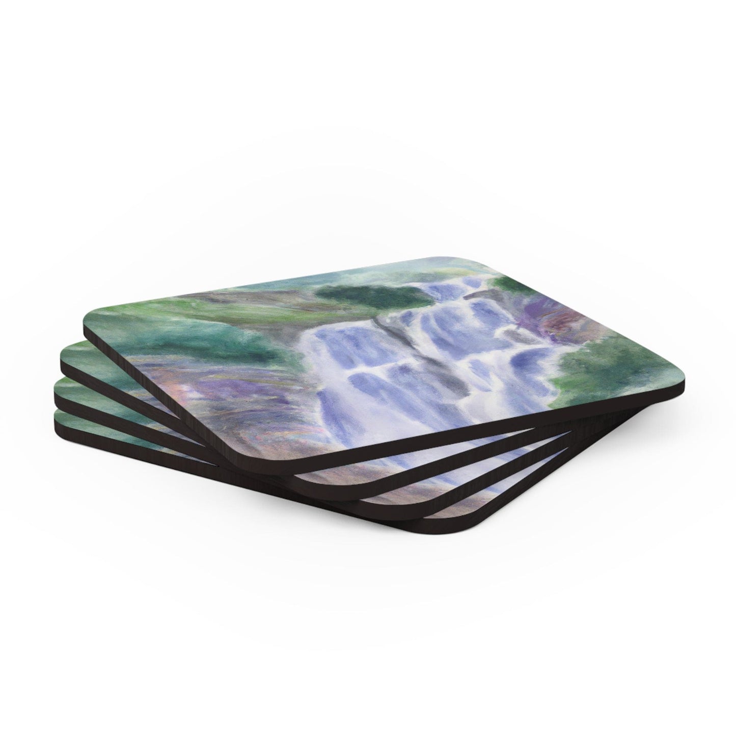 Handcrafted Square Coaster Set of 4 - Purple Watercolor Waterfall Green Landscape Nature Print