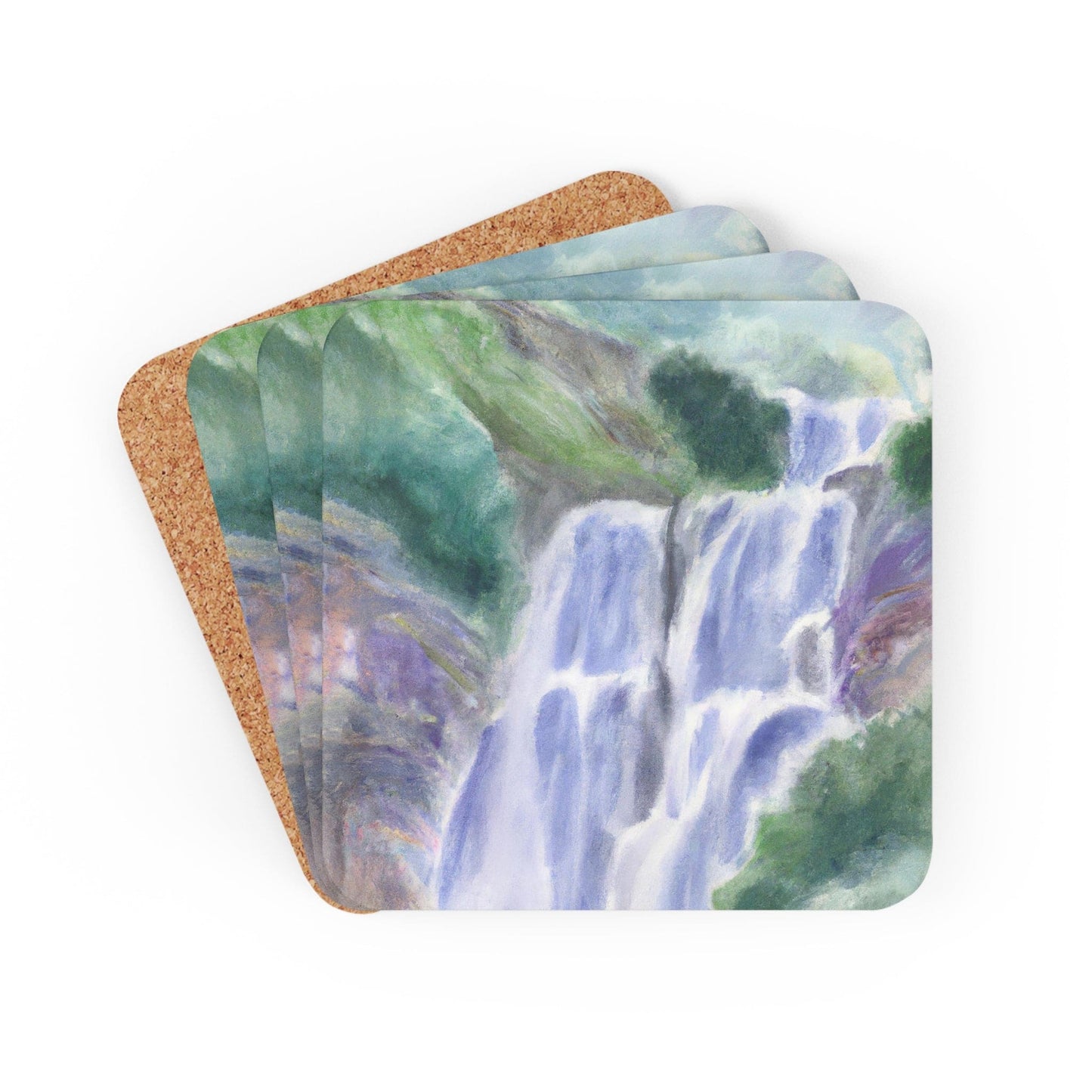 Handcrafted Square Coaster Set of 4 - Purple Watercolor Waterfall Green Landscape Nature Print