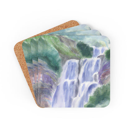Handcrafted Square Coaster Set of 4 - Purple Watercolor Waterfall Green Landscape Nature Print