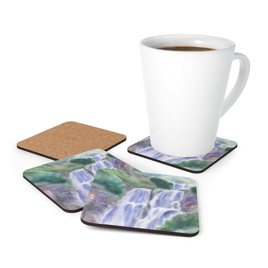 Handcrafted Square Coaster Set of 4 - Purple Watercolor Waterfall Green Landscape Nature Print
