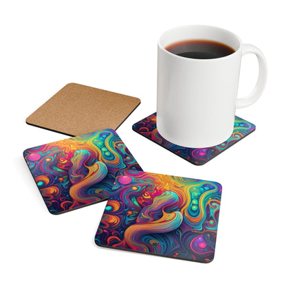 Handcrafted Square Coaster Set of 4 Vibrant Psychedelic Kaleidoscope Boho Print