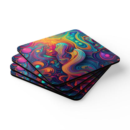 Handcrafted Square Coaster Set of 4 Vibrant Psychedelic Kaleidoscope Boho Print