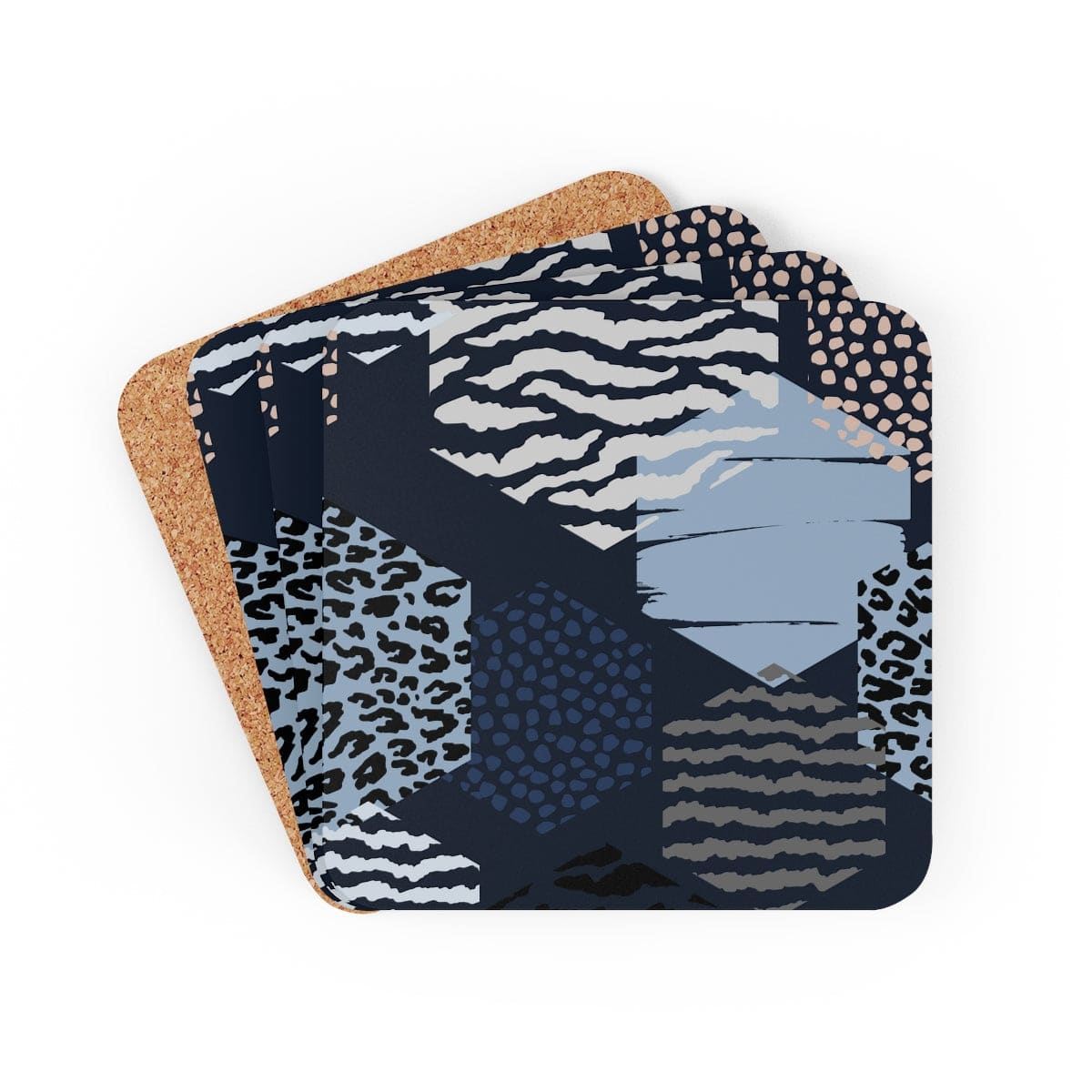 Home Decor - Coaster Set - 4 Piece Home/office - Blue Grey White Hexagon Print