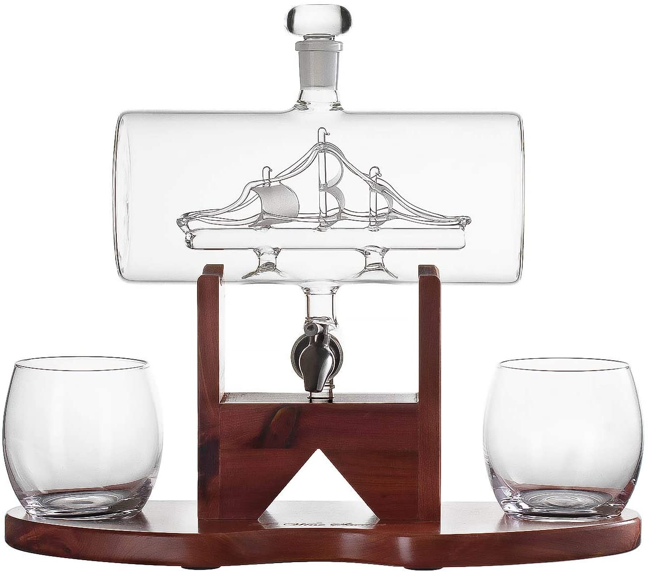 Whiskey Decanter Set, Liquor Dispenser for Home Bar, Crystal Glass - 1250ml Ship & 2 Whiskey Glasses Beautiful Stand Fathers Day, Gift for Dad, Husband or Boyfriend - The Wine Savant 100% Lead-Free