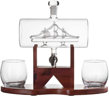 Whiskey Decanter Set, Liquor Dispenser for Home Bar, Crystal Glass - 1250ml Ship & 2 Whiskey Glasses Beautiful Stand Fathers Day, Gift for Dad, Husband or Boyfriend - The Wine Savant 100% Lead-Free