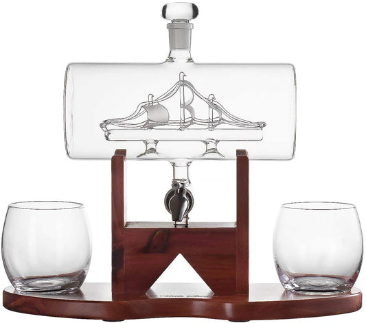 Whiskey Decanter Set, Liquor Dispenser for Home Bar, Crystal Glass - 1250ml Ship & 2 Whiskey Glasses Beautiful Stand Fathers Day, Gift for Dad, Husband or Boyfriend - The Wine Savant 100% Lead-Free