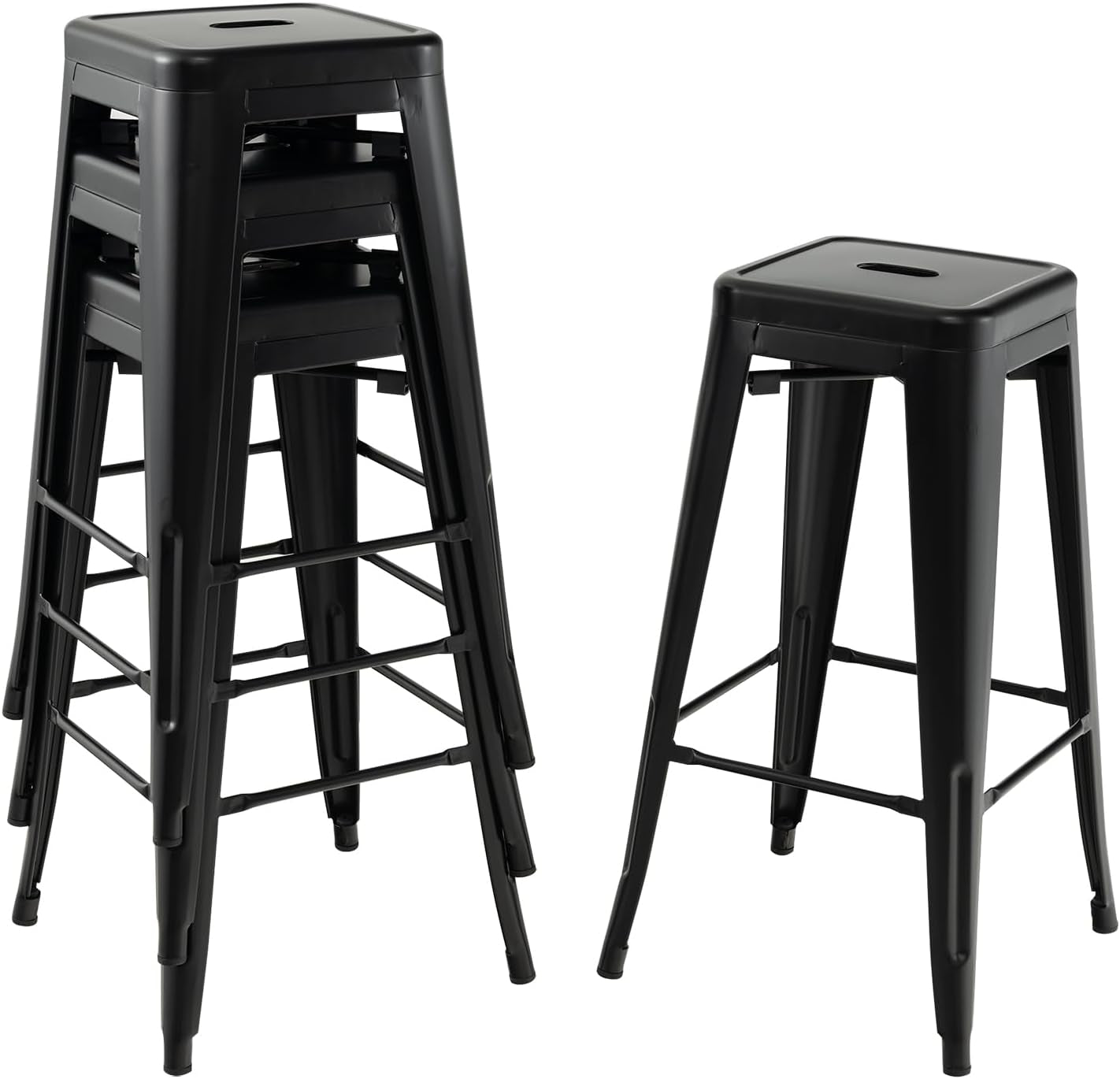 Metal Backless Bar Stools Set of 4, 30" Bar Height Modern Industrial Barstools W/Cut-Out Handle, Footrest, Rubber Foot Pads, Stackable Bar Dining Chairs for Kitchen Island, Black
