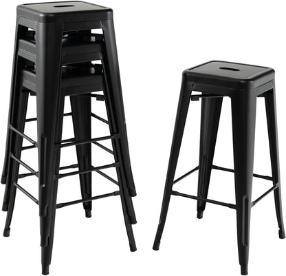 Metal Backless Bar Stools Set of 4, 30" Bar Height Modern Industrial Barstools W/Cut-Out Handle, Footrest, Rubber Foot Pads, Stackable Bar Dining Chairs for Kitchen Island, Black