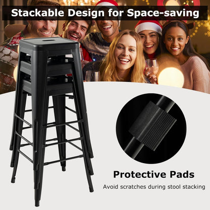 Metal Backless Bar Stools Set of 4, 30" Bar Height Modern Industrial Barstools W/Cut-Out Handle, Footrest, Rubber Foot Pads, Stackable Bar Dining Chairs for Kitchen Island, Black