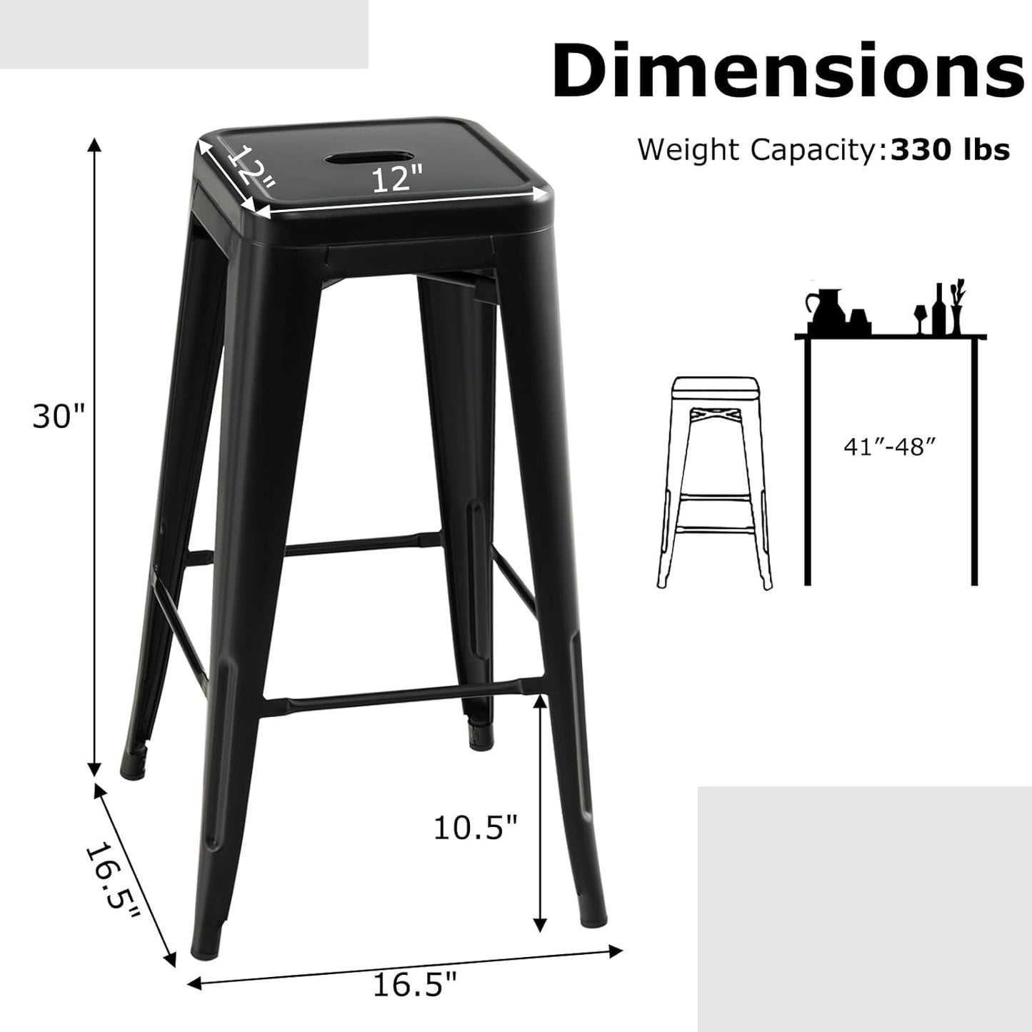 Metal Backless Bar Stools Set of 4, 30" Bar Height Modern Industrial Barstools W/Cut-Out Handle, Footrest, Rubber Foot Pads, Stackable Bar Dining Chairs for Kitchen Island, Black