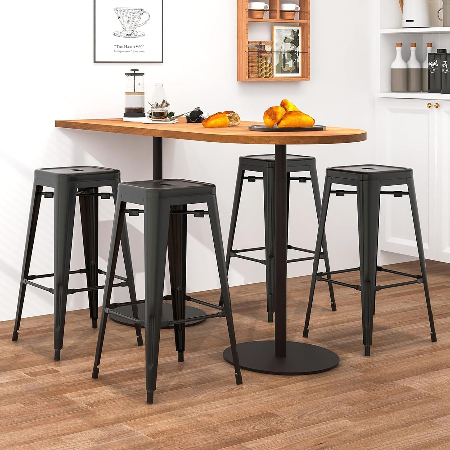 Metal Backless Bar Stools Set of 4, 30" Bar Height Modern Industrial Barstools W/Cut-Out Handle, Footrest, Rubber Foot Pads, Stackable Bar Dining Chairs for Kitchen Island, Black