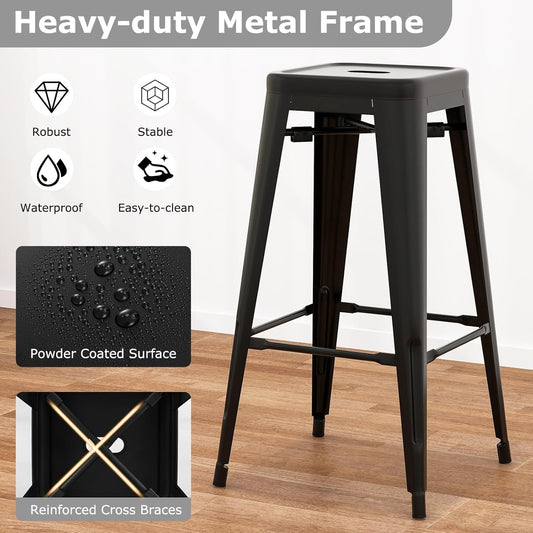 Metal Backless Bar Stools Set of 4, 30" Bar Height Modern Industrial Barstools W/Cut-Out Handle, Footrest, Rubber Foot Pads, Stackable Bar Dining Chairs for Kitchen Island, Black