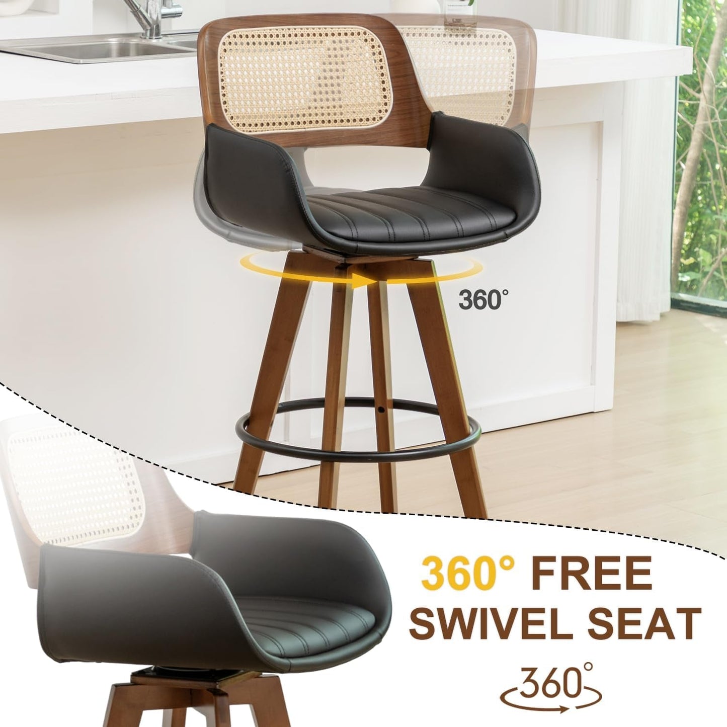 Rattan Swivel Bar Stools, Counter Height Bar Stools with Cane Back, Upholstered Seat, Faux Leather Upholstered Furniture for Island/Counter (Black, 29.7"-3 PCS)