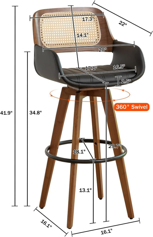Rattan Swivel Bar Stools, Counter Height Bar Stools with Cane Back, Upholstered Seat, Faux Leather Upholstered Furniture for Island/Counter (Black, 29.7"-3 PCS)
