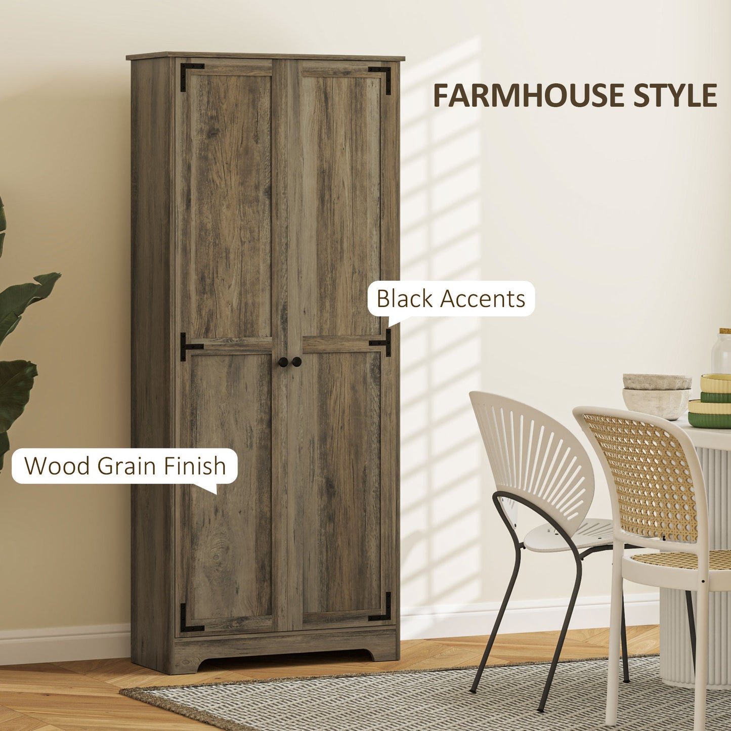 Farmhouse Kitchen Cupboard, Freestanding Kitchen Storage Cabinet with Adjustable Shelves, Tall Storage Cabinet with Recessed Doors, Grey Wood-Effect