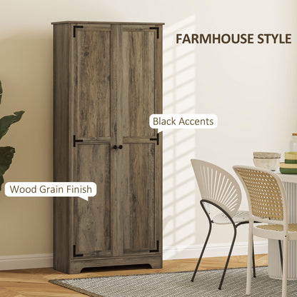 Farmhouse Kitchen Cupboard, Freestanding Kitchen Storage Cabinet with Adjustable Shelves, Tall Storage Cabinet with Recessed Doors, Grey Wood-Effect